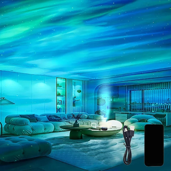 Veelzijdige noorderlicht projector voor slaapkamer, woonkamer en feestjes, met LED en muziek synchronisatie.