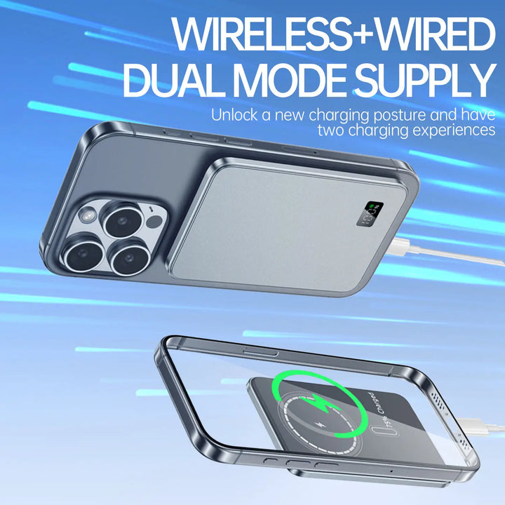 Ultradunne magnetische draadloze powerbank met LED display. Ideaal voor smartphones onderweg.