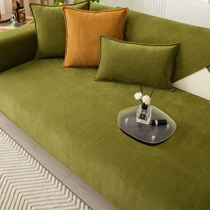 Antislip chenille bankhoes met verfijnd visgraatpatroon, eenvoudig te plaatsen.