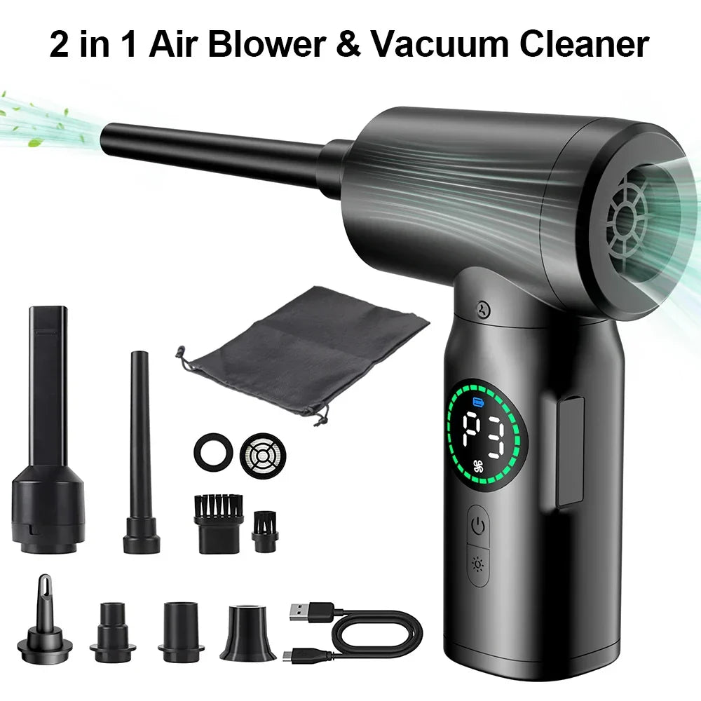 De AirMaster, een ergonomische draagbare 2-in-1 persluchtstofzuiger en luchtblazer met geïntegreerd LED.