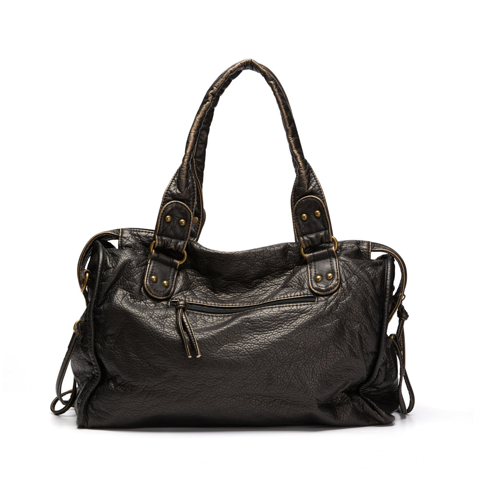 Praktische zwarte laptoptas voor dames, ruime retro schoudertas, combineert functionaliteit met vintage stijl.