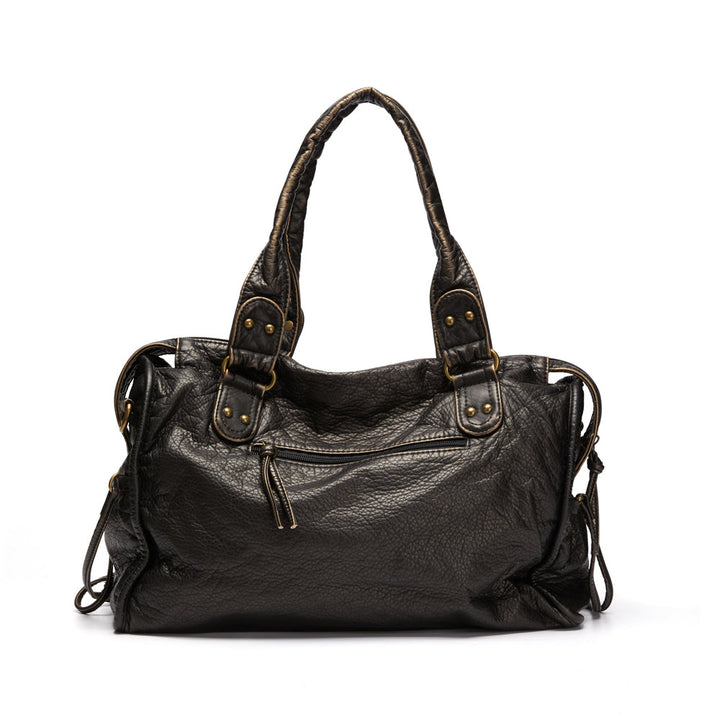 Praktische zwarte laptoptas voor dames, ruime retro schoudertas, combineert functionaliteit met vintage stijl.