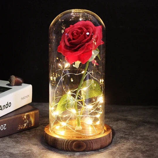 Eeuwige roos lamp, romantisch liefdesgeschenk. Zijde roos in glazen koepel met led verlichting.