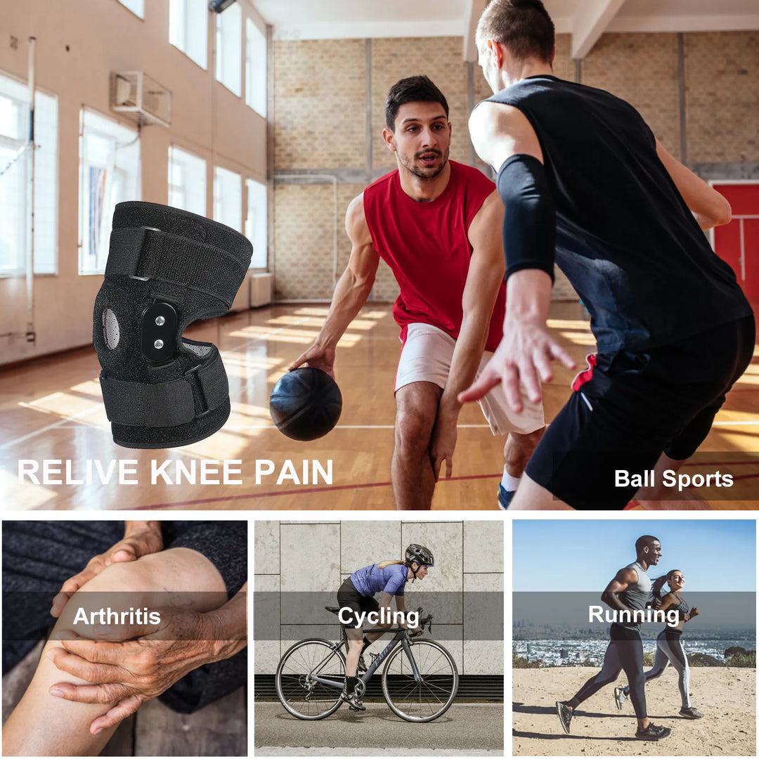 Sporter draagt comfortabele, scharnierende kniebrace voor preventie en herstel van blessures, optimale knieondersteuning.