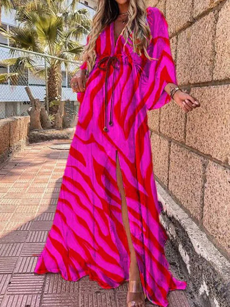 Modieuze Zamara zomerjurk met trendy print, een elegante keuze voor vakanties en strandavonden.