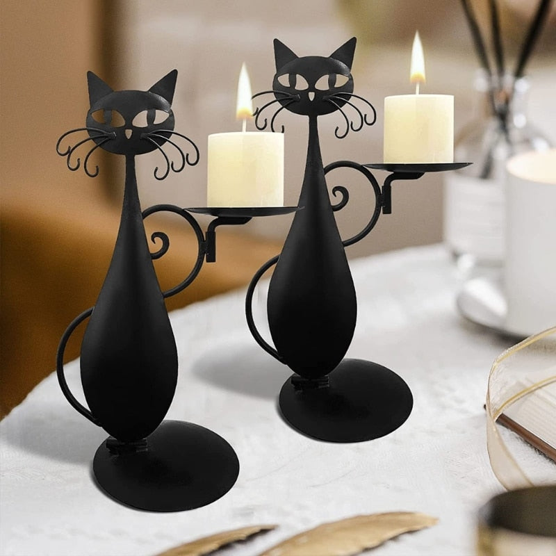 Zwarte kat kaarsenhouder, mystieke woonaccessoire voor kaarsen en sfeervolle decoratie.