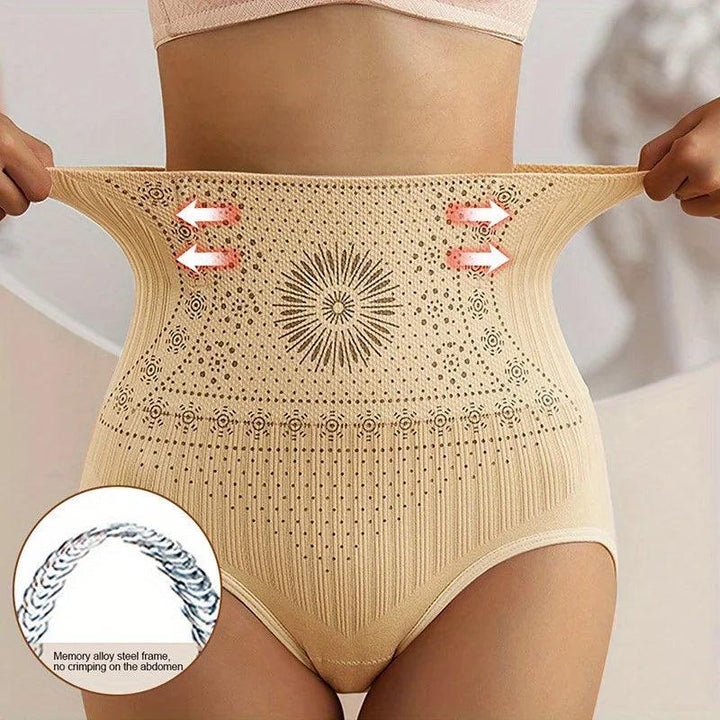 Gestapeld dames corrigerend ondergoed met hoge taille, focus op elastische stof voor buikcontrole en slankmakend effect.