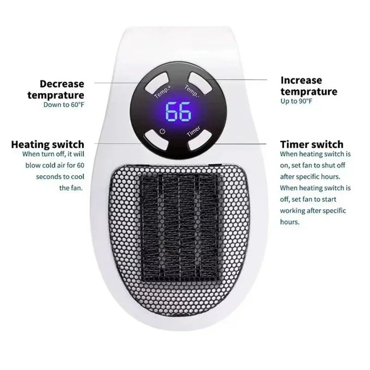 Gemakkelijke plug-in verwarming voor directe warmte. Compact design met timer en afstandsbediening voor comfort.