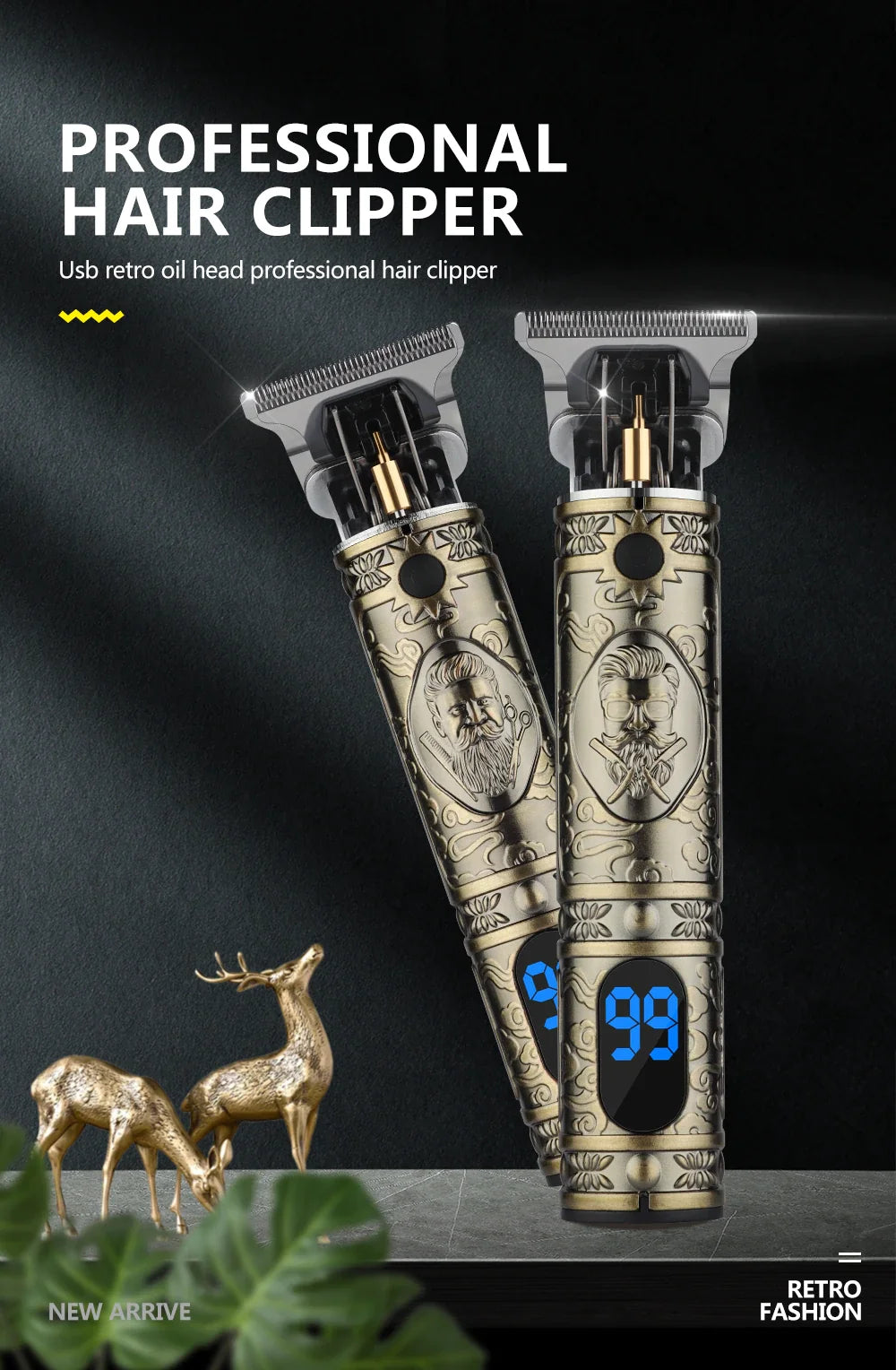 Ergonomische draadloze baardtrimmer en tondeuse voor heren. Zwart met luxe gouden details en anti-slip grip.
