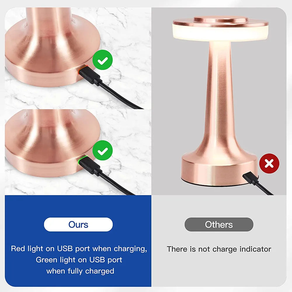 Elegante draagbare LED tafellamp (zilver/goud) met dimbare functie, oplaadbaar via USB, perfect voor sfeer.