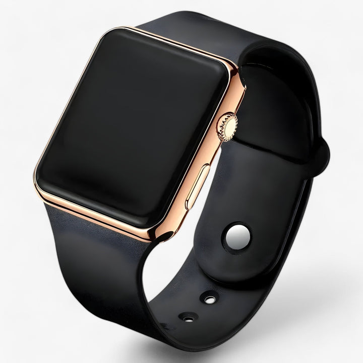 Detail van de sluiting van het comfortabele siliconen bandje van het unisex digitale horloge Leo. Kwaliteit en design.