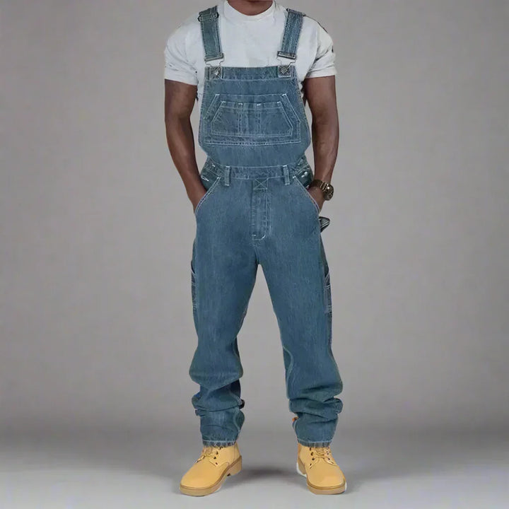 Moderne heren denim overall, rechte pijpen design, comfortabele werkkleding met een stijlvolle streetwear uitstraling.