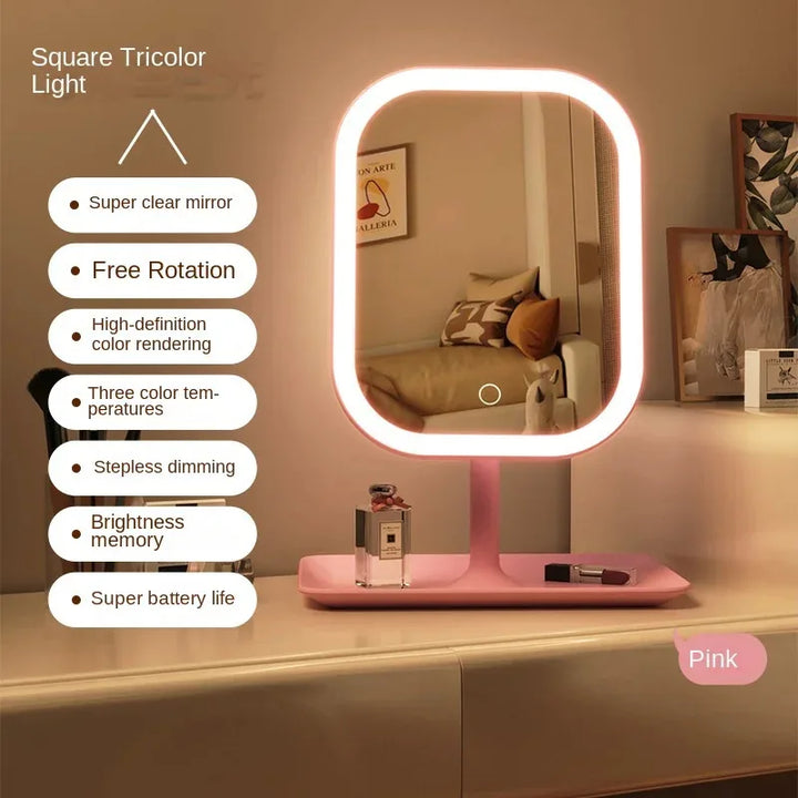 Dames make-up spiegel met instelbare LED verlichting, ideaal voor verschillende huidtinten en make-up stijlen.