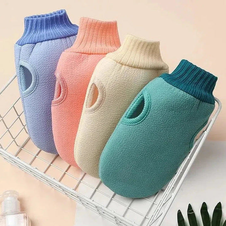 Glowmitt exfoliërende massage handschoen voor onder de douche. Stimuleert de bloedsomloop en maakt de huid glad.