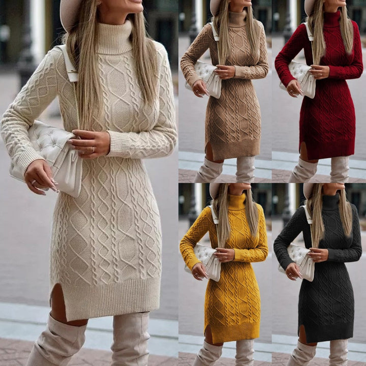 Trendy dames jurk: warme coltrui, lange mouwen, gebreid. Elegante winterkleding voor elke dag.
