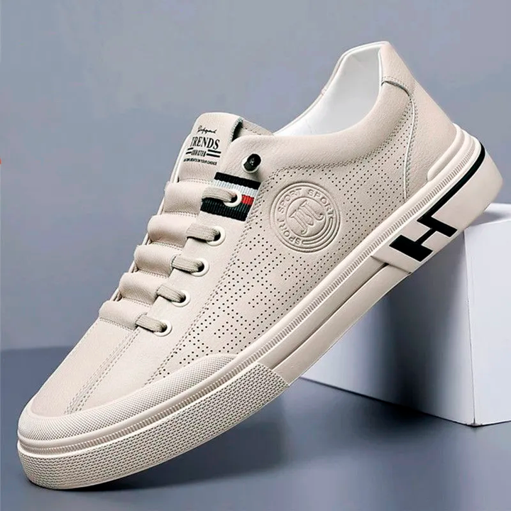 Modieuze beige herensneaker, stijlvol en comfortabel, perfect voor dagelijks casual gebruik en herenmode.