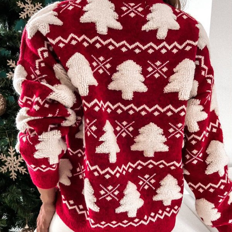 Groen/rode dames kersttrui met kerstboom design. Ideaal voor feestelijke winter outfits. Comfortabel en stijlvol.
