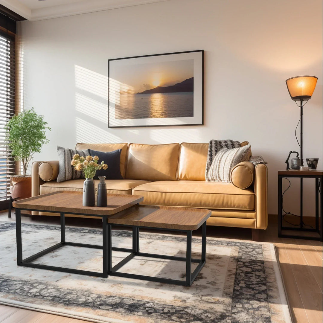 Design salontafels set van 2, walnoot en zwart. Moderne industriële bijzettafels voor dynamische woondecoratie.