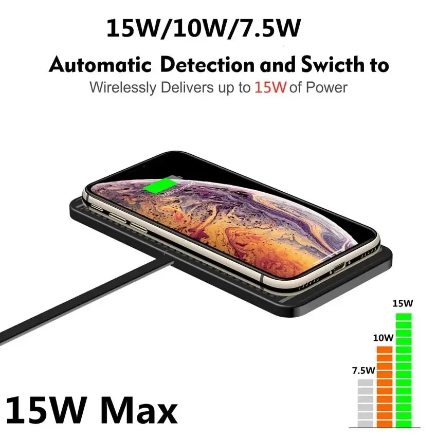 Krachtige 15W draadloze snellader voor auto. Universeel antislip oplaadpad, ultradun voor telefoons.