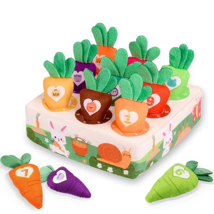 Montessori trekwortel educatief speelgoed in babykamer. Zintuiglijk pluche spel voor de cognitieve ontwikkeling van de baby.