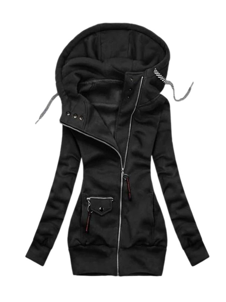 Dames lente/herfst jas met capuchon en trekkoord. Ritssluiting, lange mouwen voor een casual, comfortabele look.