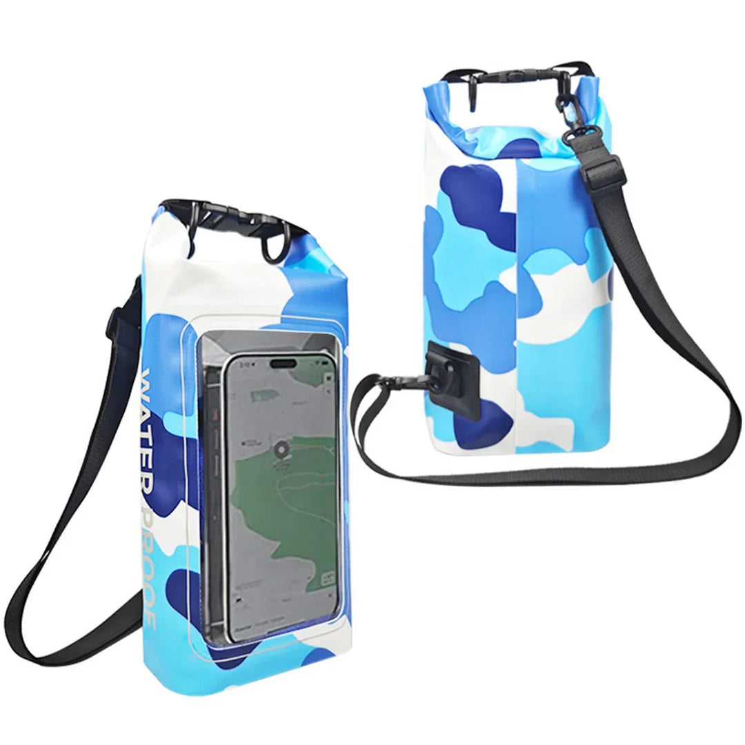 Duurzame 2L PVC dry bag voor waterdichte bescherming tijdens outdoor en strandgebruik.
