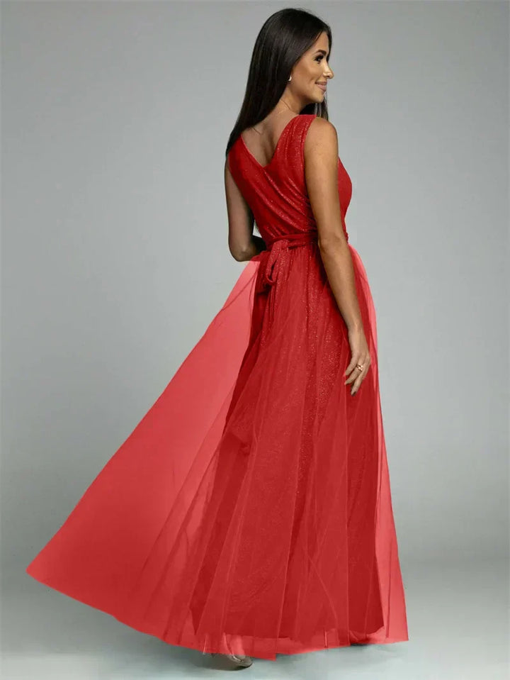 Elegante V-hals avondjurk, mouwloos, flatterend model voor dames, speciale gelegenheid.