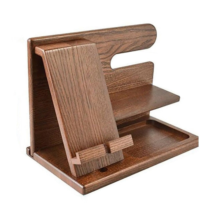 Stijlvolle houten bureau organizer van massief hout, perfect voor het ordenen van gadgets en kantoorartikelen.