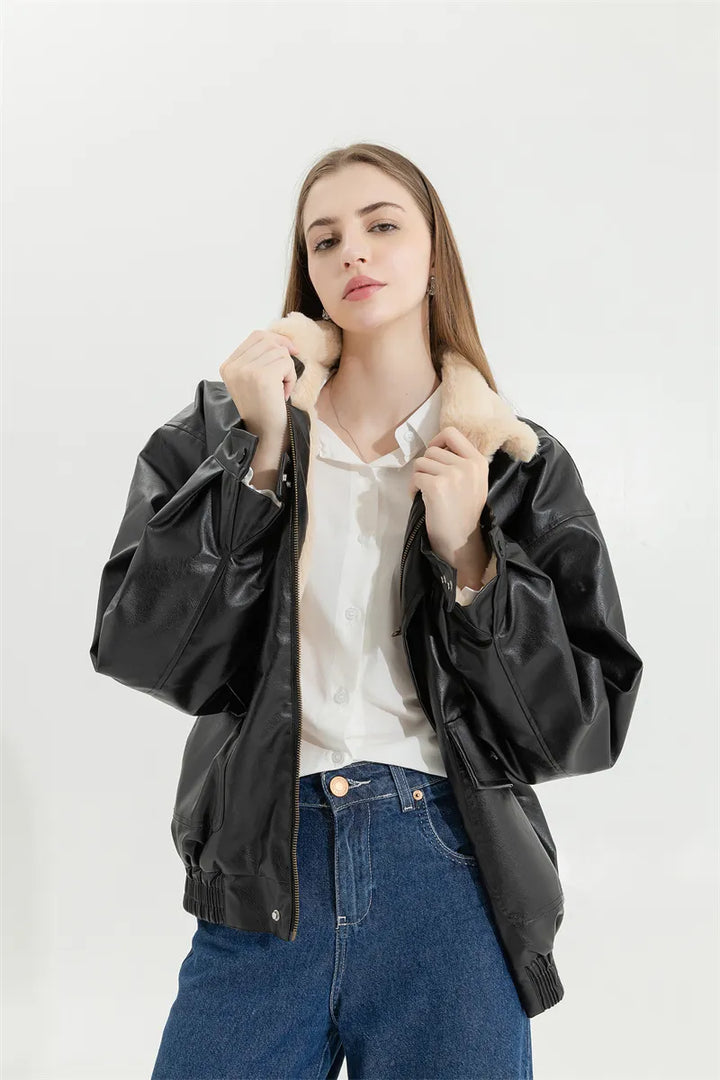Amanda dames winterjas: klassieke vintage stijl, warm PU-leer, perfect voor koude winterdagen.