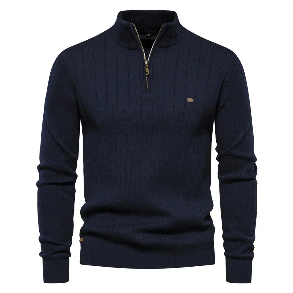 Comfortabele heren katoenen pullover met rits en warme opstaande kraag, perfect voor koude winterdagen.