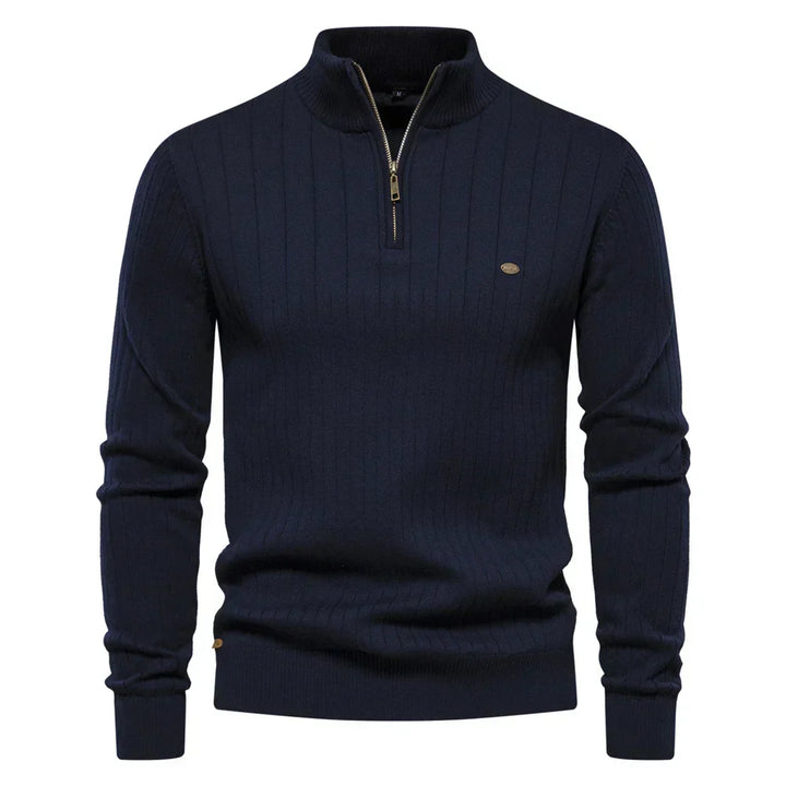 Comfortabele heren katoenen pullover met rits en warme opstaande kraag, perfect voor koude winterdagen.