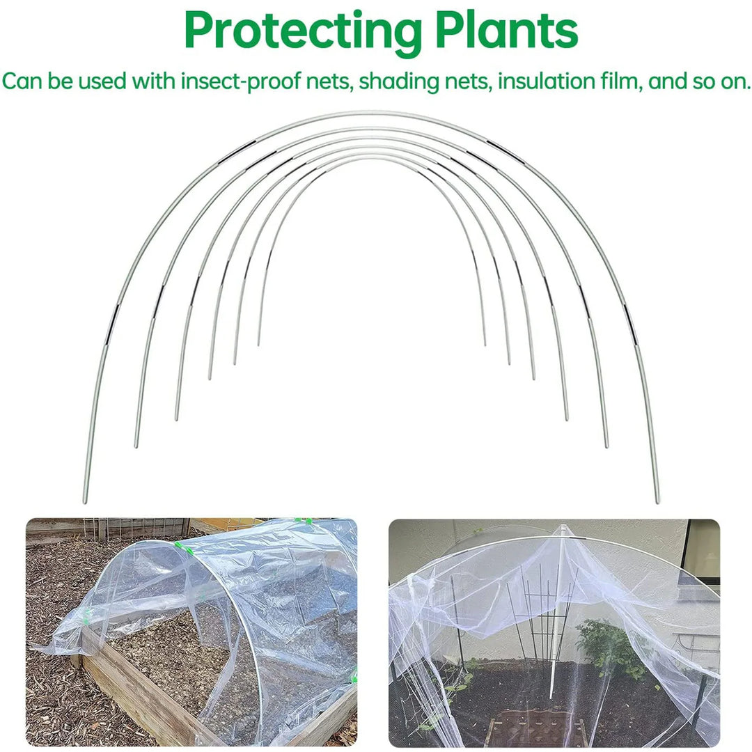 Componenten van de FlexGrow DIY tuinboogset: flexibele glasvezelstaven voor het bouwen van een plantentunnel.