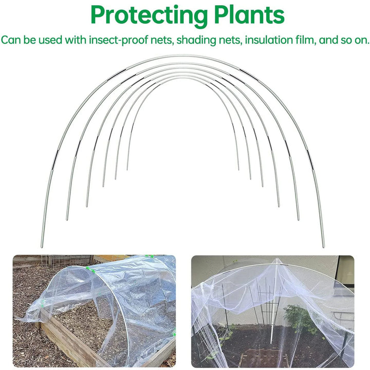 Componenten van de FlexGrow DIY tuinboogset: flexibele glasvezelstaven voor het bouwen van een plantentunnel.