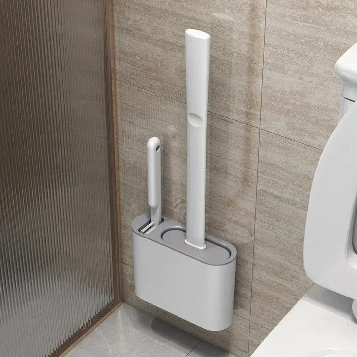 Moderne wc-borstelset met wandhouder en hygiënische siliconen borstel voor de badkamer.