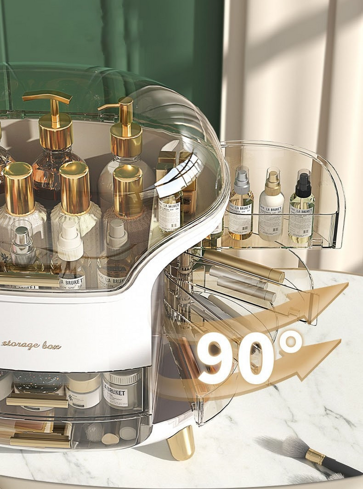 Witte make-up opberger, houdt cosmetica en kwasten netjes geordend op de kaptafel.