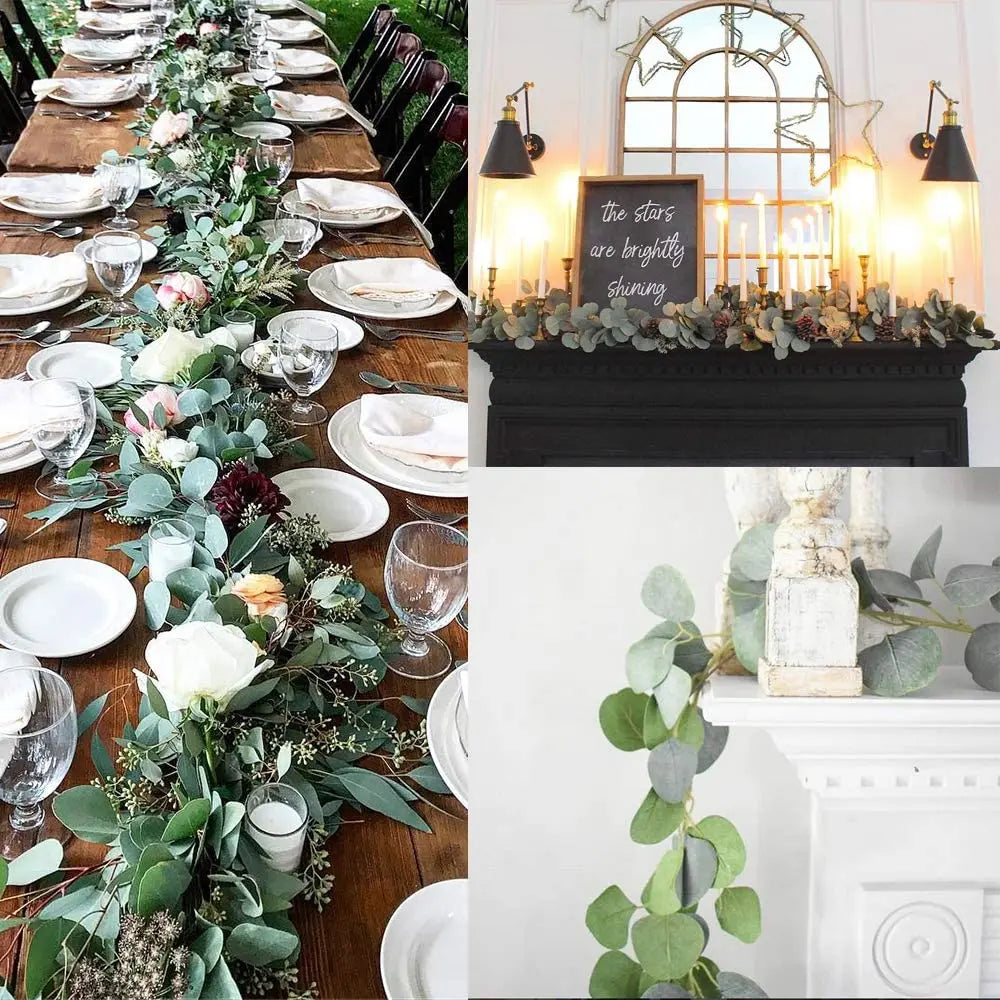 Twee 180cm eucalyptus kunstplant slingers, ideaal voor tafeldecoratie of feestversiering, groen en luxe.