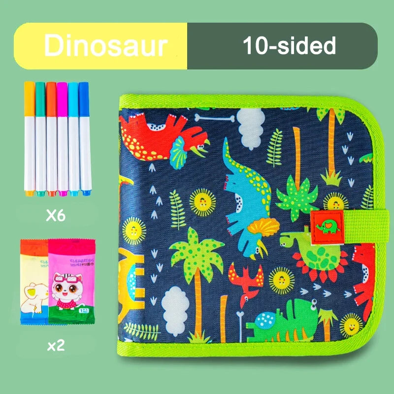 Uitwisbaar tekenboek met diverse tekeningen; bevordert creativiteit, ideaal voor jonge kinderen.