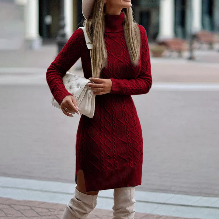 Comfortabele dames gebreide coltrui jurk, lange mouwen, warme winter- en lente mode.