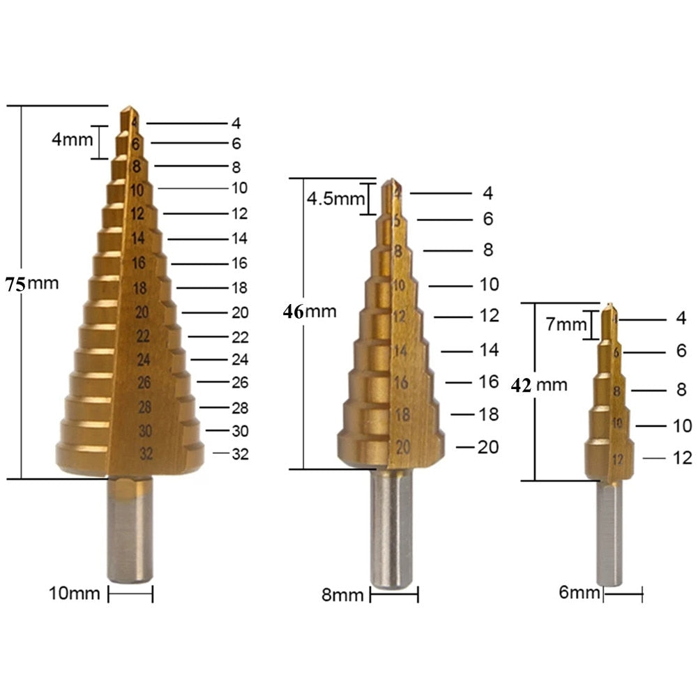 Close-up van een titanium spiraalboor. Onderdeel van een 6-delige set voor boren in metaal, hout en kunststof.