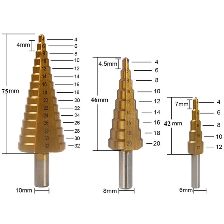 Close-up van een titanium spiraalboor. Onderdeel van een 6-delige set voor boren in metaal, hout en kunststof.
