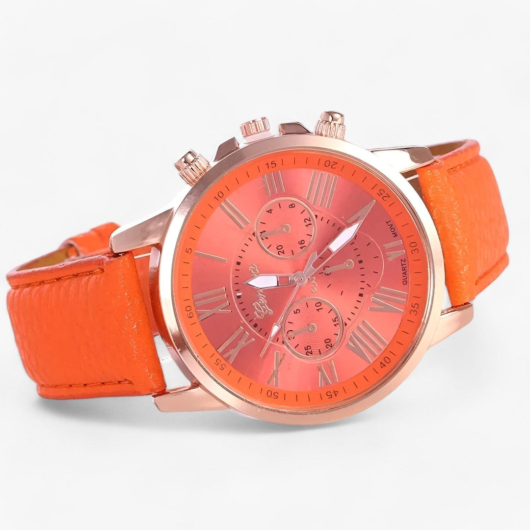 Close-up van het luxe waterdichte dameshorloge Camille met de fijne structuur van de leren band.