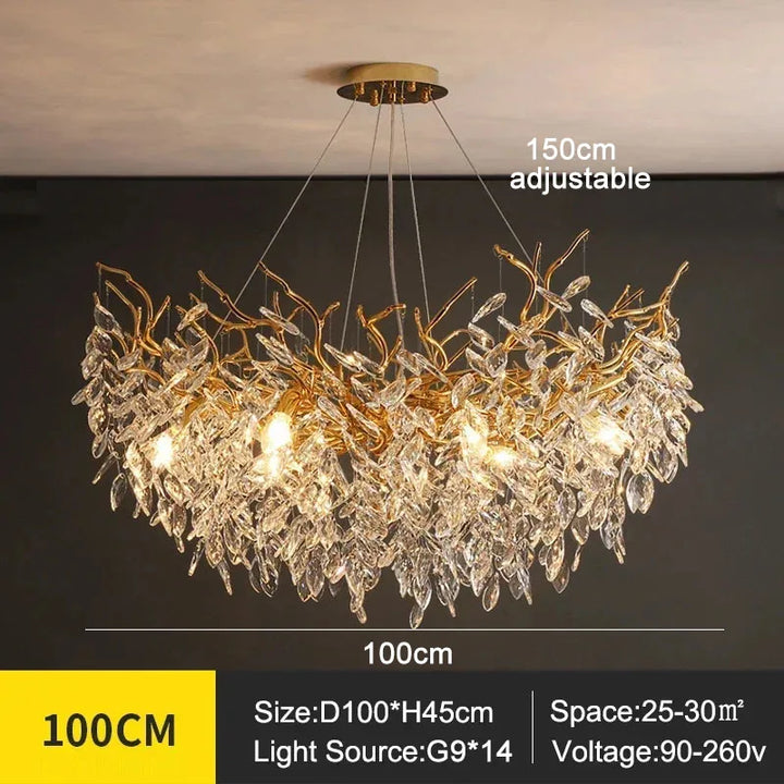 Aurelia luxe kroonluchter, kristallen, bladontwerp. Een echte eyecatcher in huis.