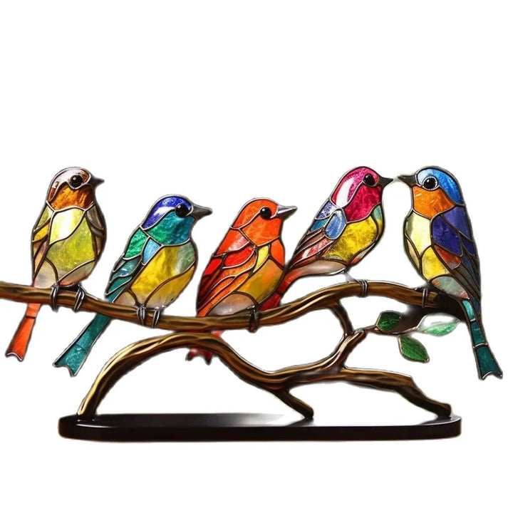 Artistiek beeld van vogels op tak, rijk aan kleur. Ideaal als cadeau of woondecoratie.