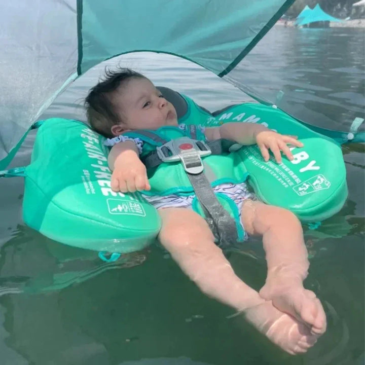 Roze kinder zwemaccessoire: niet-opblaasbare zwemtrainer met zonnescherm voor veiligheid in het water.