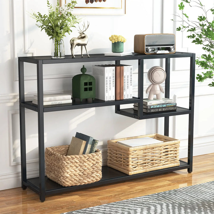 Stijlvolle zwarte industriële consoletafel met metalen frame en 4 hout-look planken. Ideaal voor modern interieur.