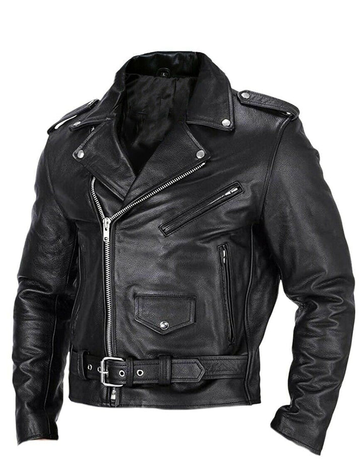 Zwarte slim fit leren heren motorjas Ryder met opstaande kraag. Stijlvolle bikerjas voor heren.