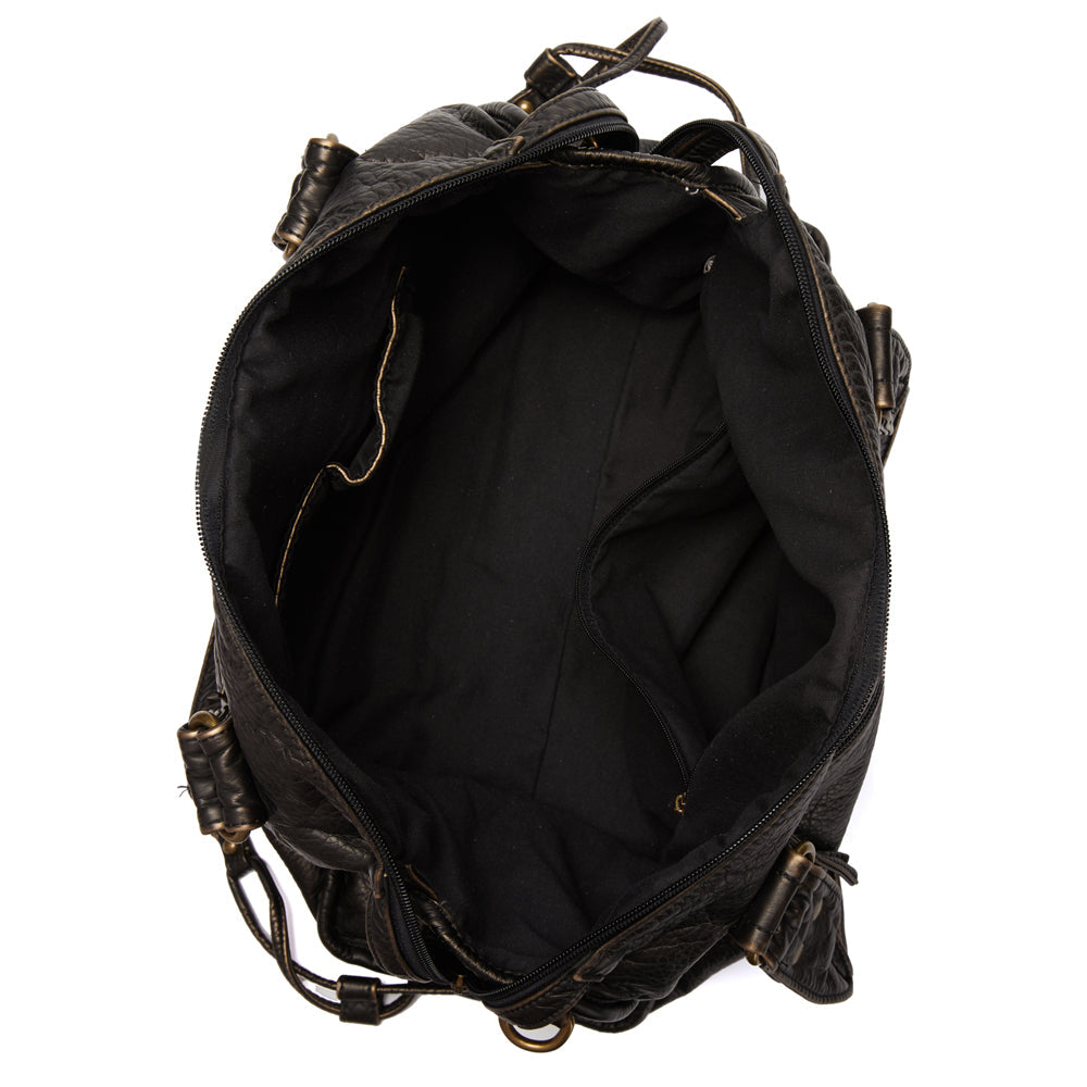 Grote zwarte dames tas met vintage look, perfect als ruime dagelijkse handtas en stijlvolle schoudertas.