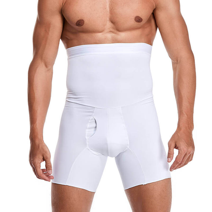 Model toont de MaxFit heren compressieboxershort, vormgevend en comfortabel ondergoed voor een strakker profiel.