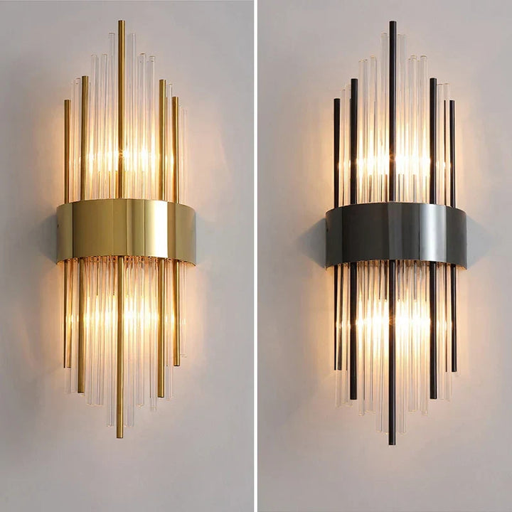 Moderne LED wandlamp ANU in zwart/goud voor sfeervolle verlichting; ideaal voor woonkamer en slaapkamer interieur.