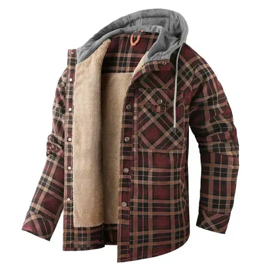 Warme geruite capuchonjas voor heren, comfortabele pasvorm, perfect voor koude dagen en een stijlvolle look.